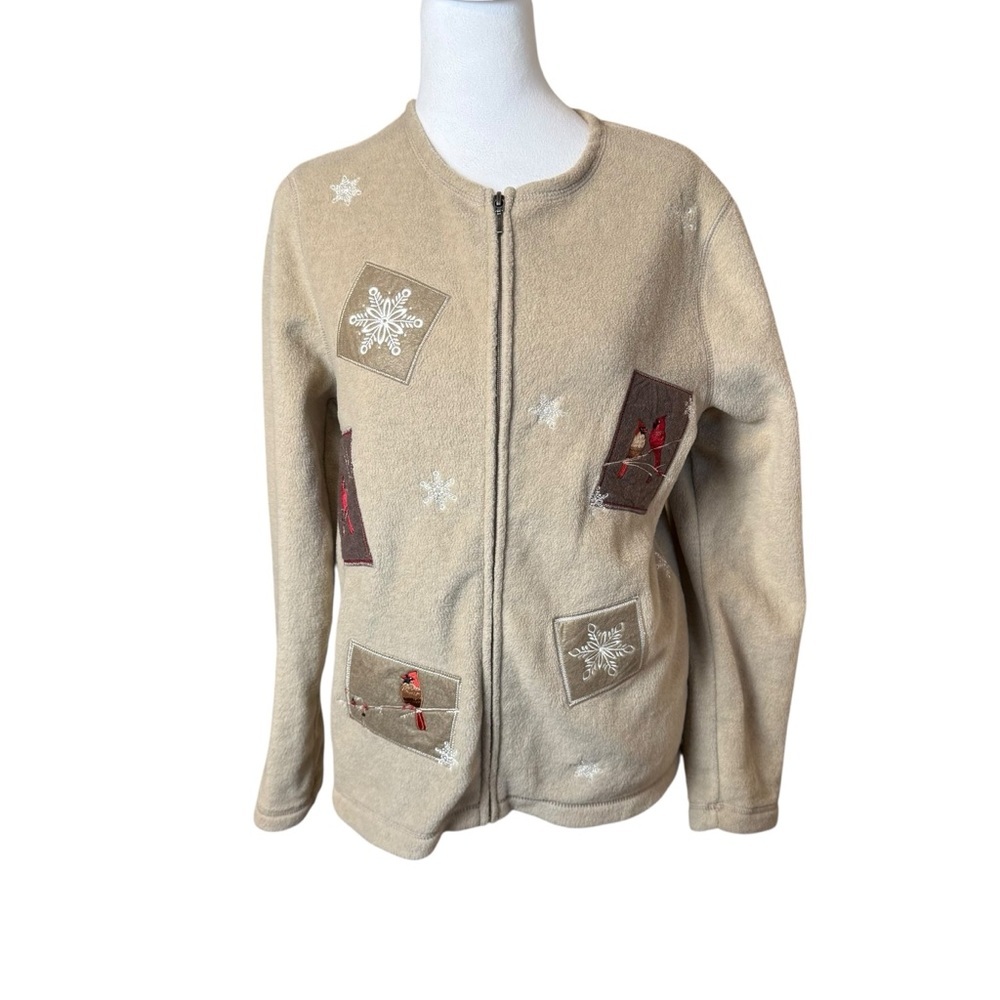Croft & Barrow Small Tan Fleece Embroidered Cardinal Cardigan Holiday Winter